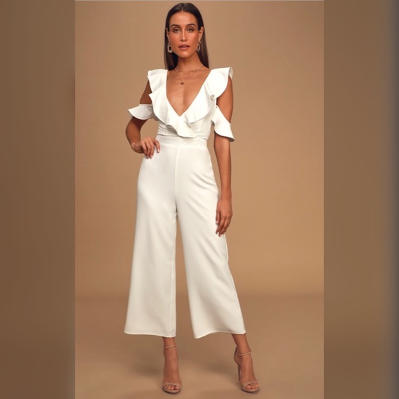 SOLD βWhite Ruffle Wide Leg Off Shoulder Jumpsuit - Picture 2 of 5